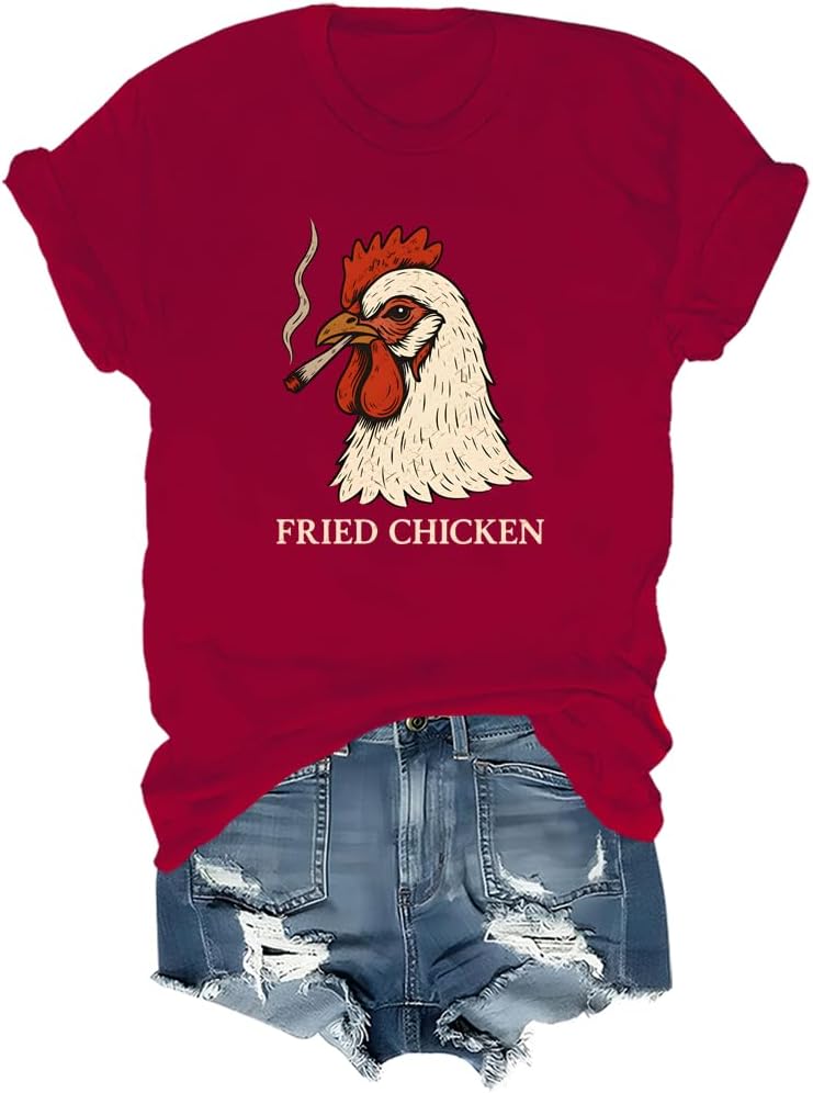 Fried Chicken Shirt Smoking Rooster Fried Chicken Tshirt - Crew Neck Claret-rn