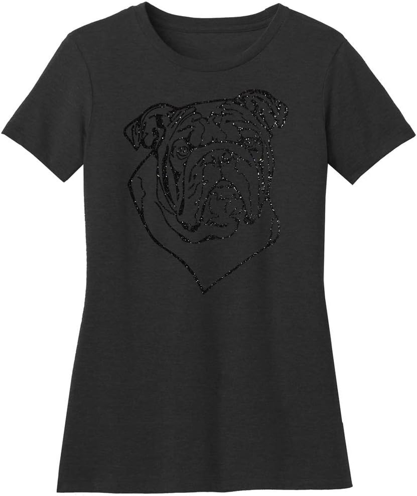 Dogline Womens English Bulldog Lover Glitter Graphic Tee Shirt - Black