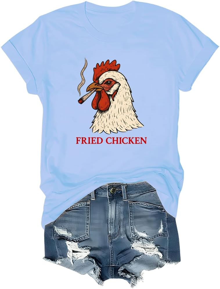 Fried Chicken Shirt Smoking Rooster Fried Chicken Tshirt - Crew Neck Carolina Blue-rn