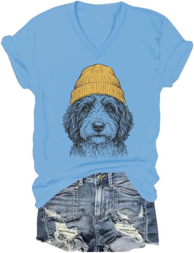 Bernedoodle in Beanie Shirt Bernedoodle Dog in Beanie Shirts for Women Man Vintage Pet Dog Lovers V Neck Tshirt - Sky Blue