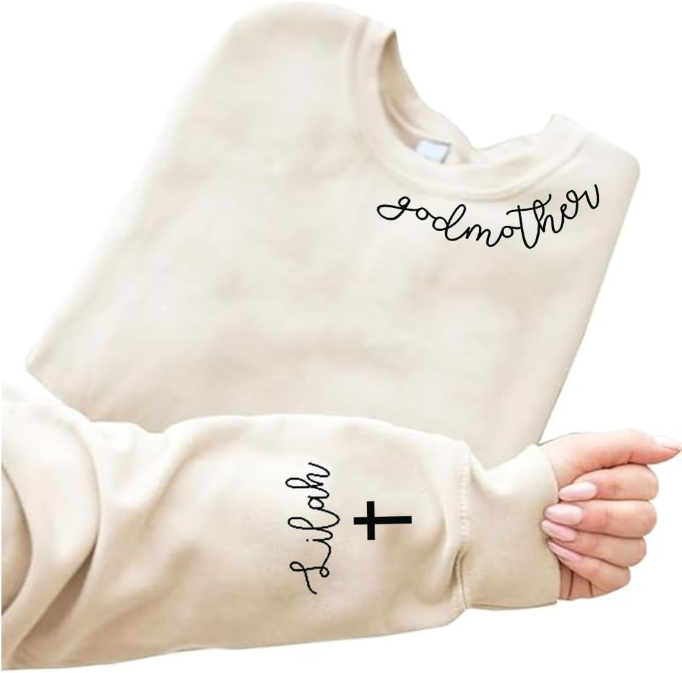 IZI POD Personalized Godmother Shirt, Custom Godmother Sweatshirt with Kid Name on Sleeve, Godmother Proposal Shirt, Gift