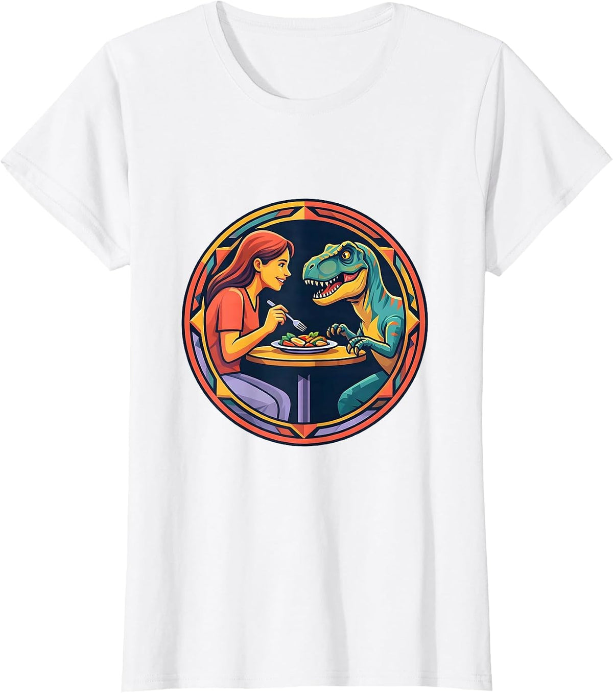 Women's Dinosaur Dining Velociraptor Meal Sharing Graphic T-Shirt - White