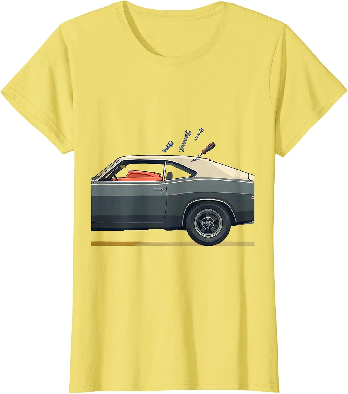 Classic 1960s Fastback Muscle Car Enthusiast Garage Humor T-Shirt - Lemon Yellow