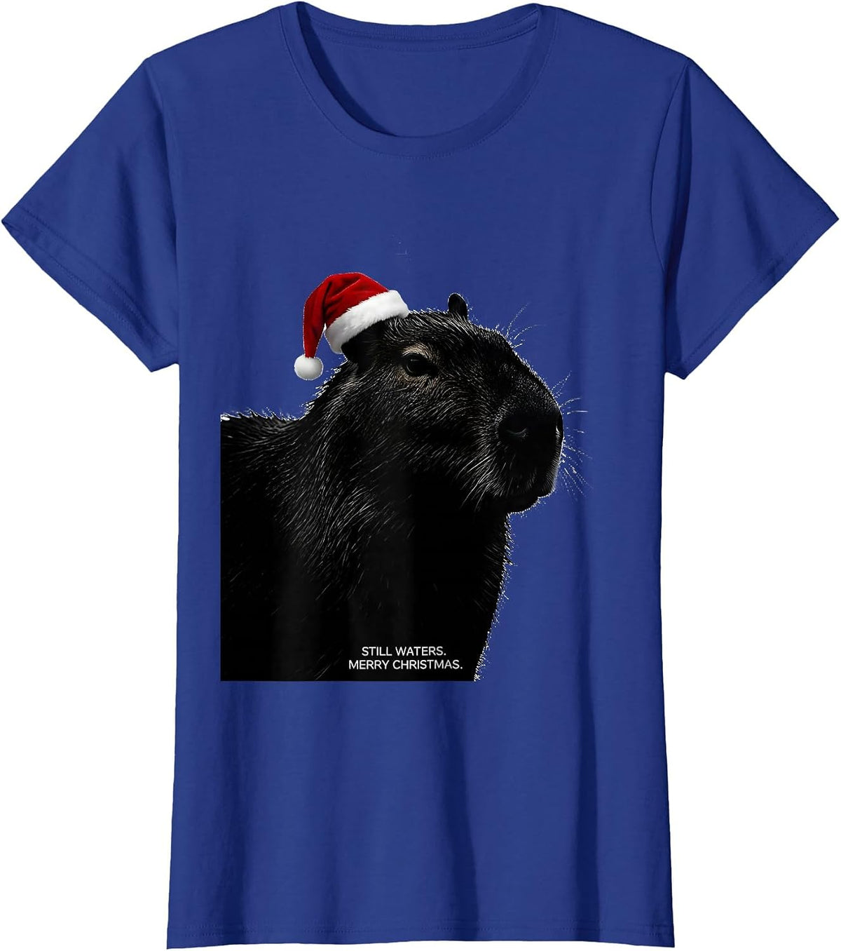 Women's Still Waters Merry Christmas Cute Capybara Santa Hat Family T-Shirt - Royal Blue