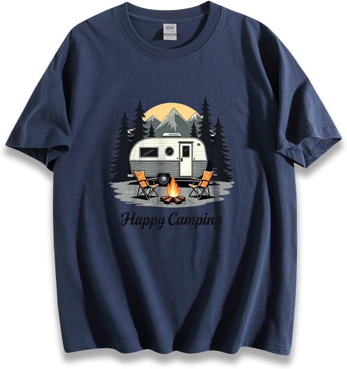 Unisex Loose Fit Crewneck Cotton T-Shirt, Happy Camping Vintage Camper Trailer Mountain Pine Tree Outdoor Graphic Tee - Navy