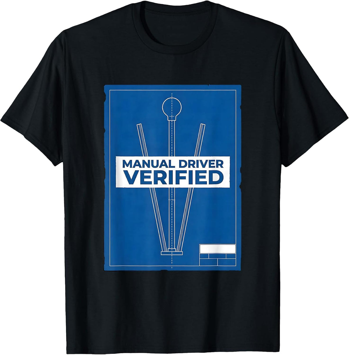Men's Manual Driver Verified Technical Blueprint Car Guy Stick T-Shirt - Black