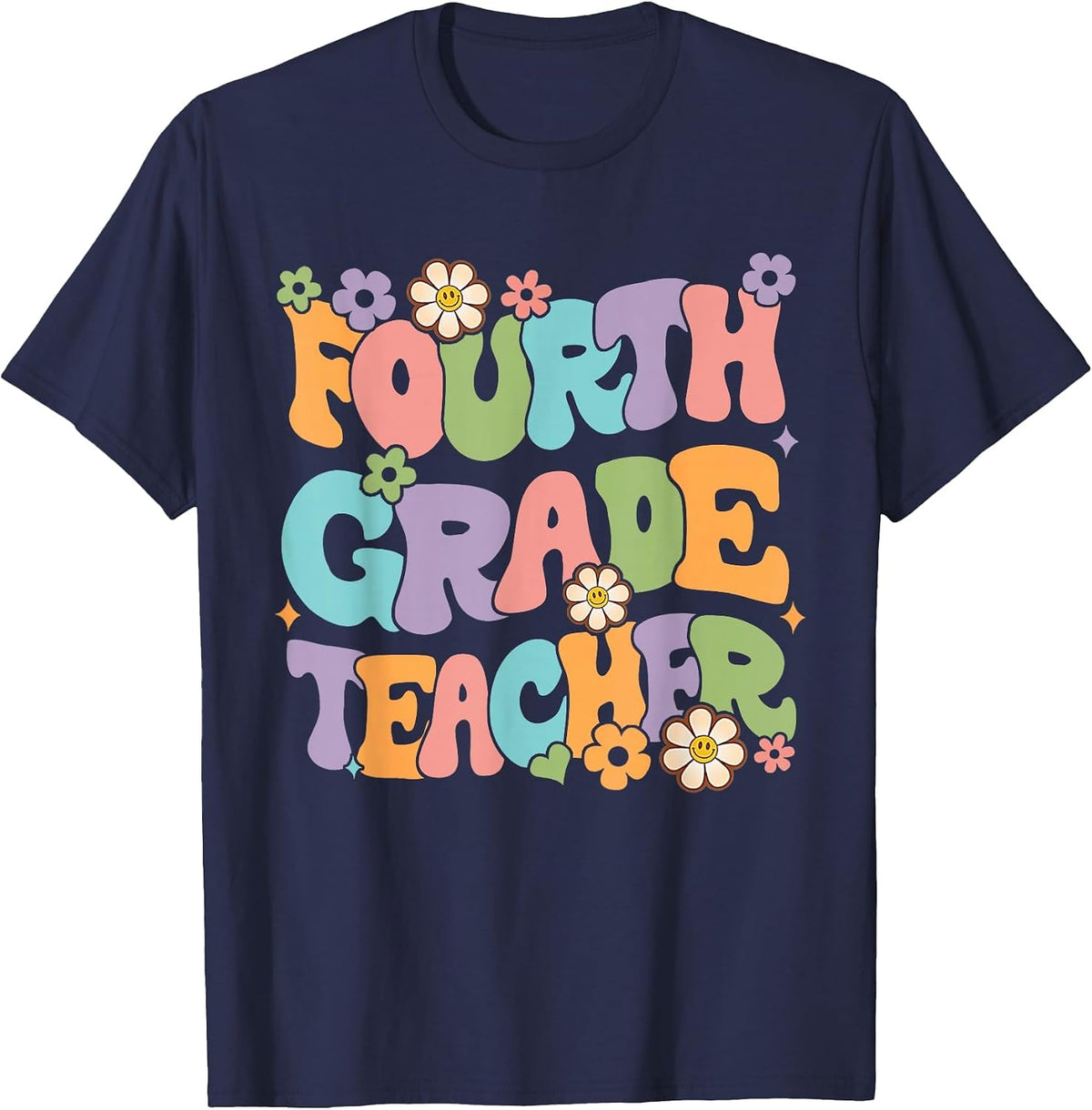 4th Grade Teacher Fourth Grade Groovy Retro Back to School T-Shirt - Navy Blue