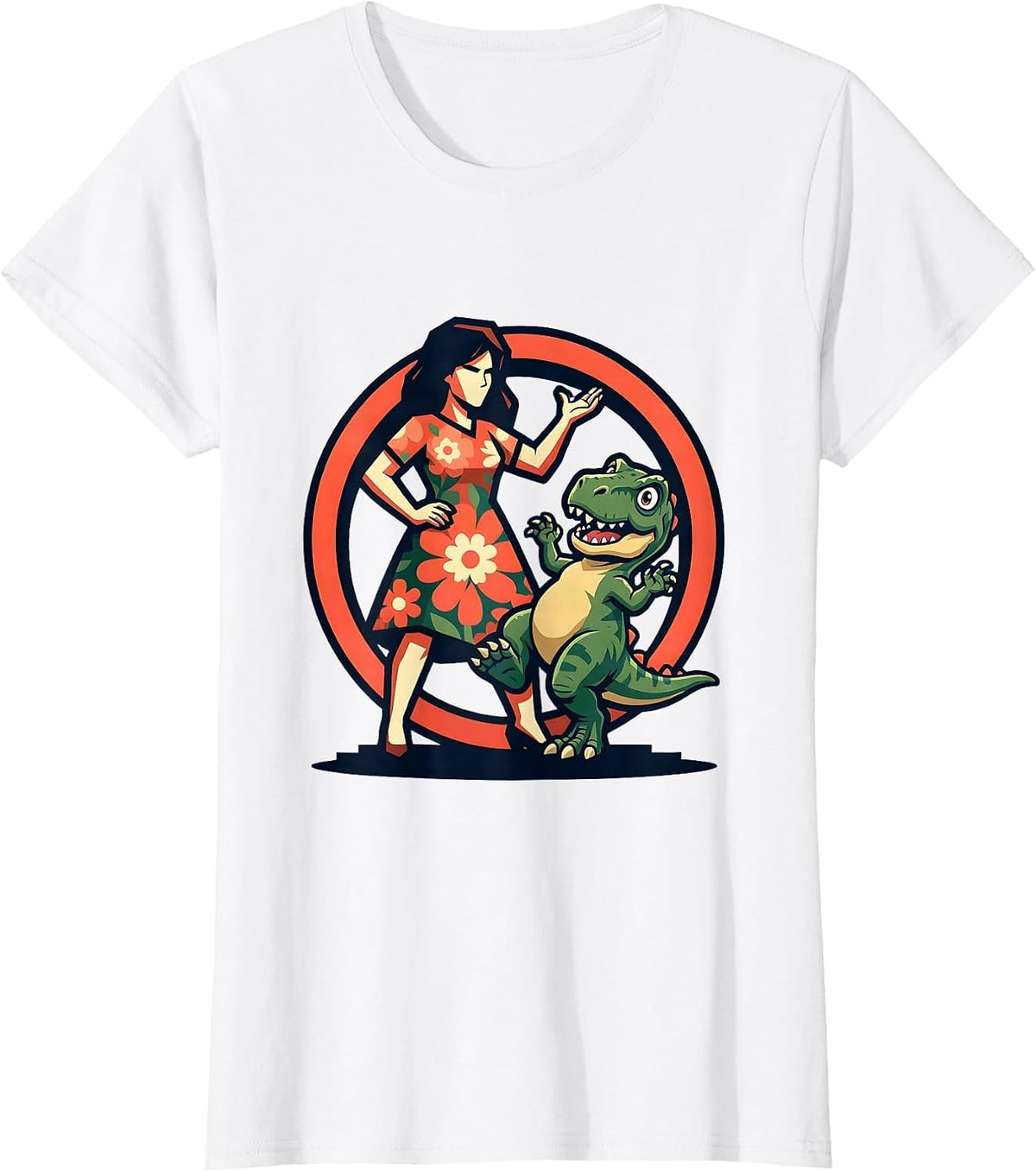 Floral Dress Dinosaur Tamer Graphic Design T-Shirt - White