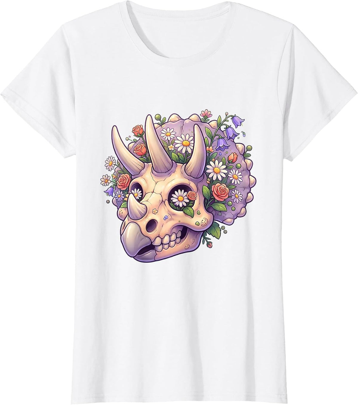 Triceratops Skull Wildflower Botanical Dinosaur T-Shirt - White