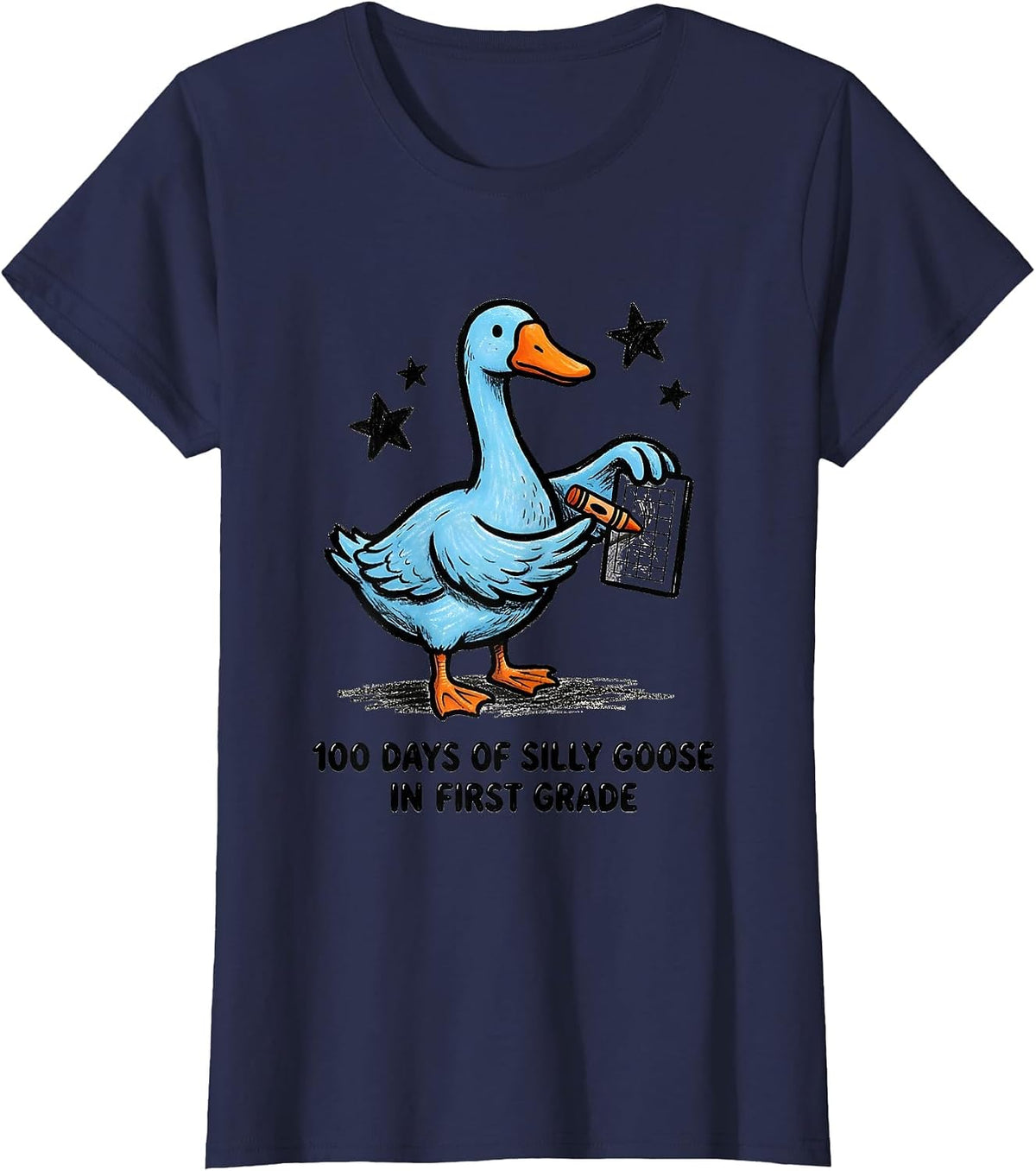 Women's 100 Days of Silly Goose in First Grade Funny Teacher Humor T-Shirt - Navy Blue