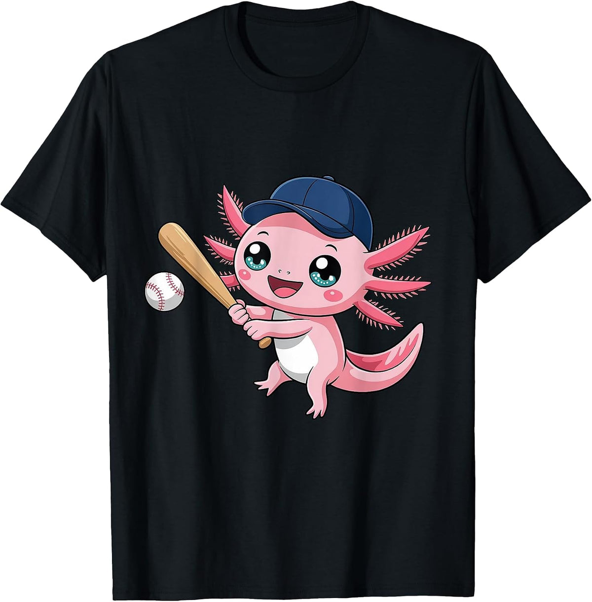 Cute Axolotl Playing Baseball Kid Kawaii Anime Axolotl T-Shirt - Black