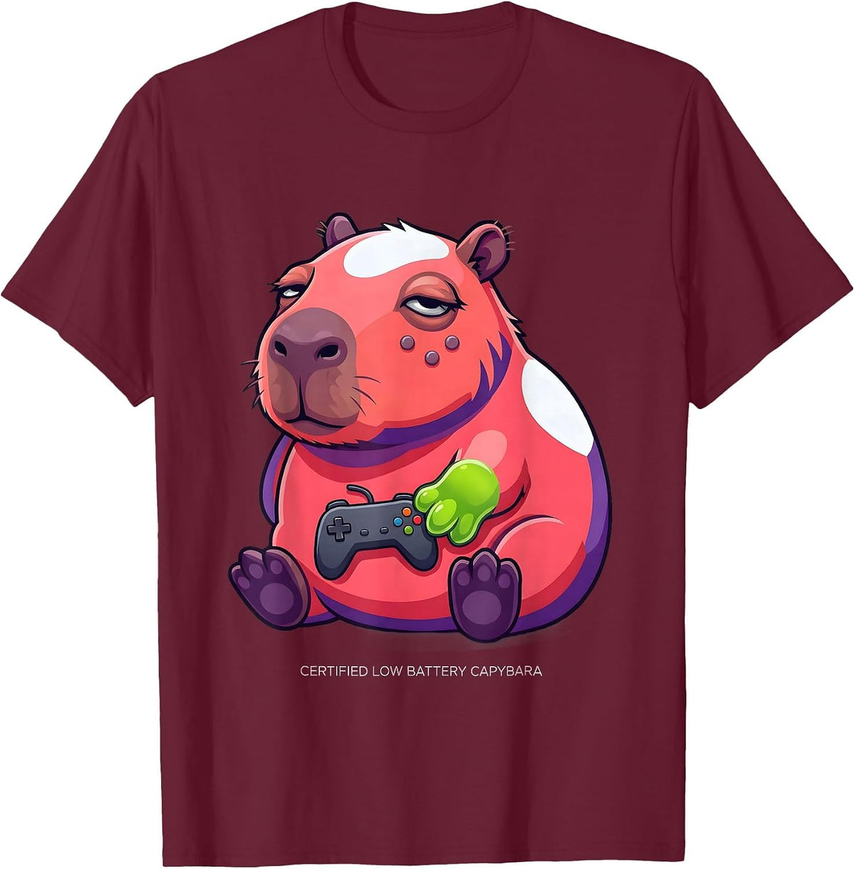 Men's Certified Low Battery Capybara Funny Gamer Meme Humor T-Shirt - Burgundy