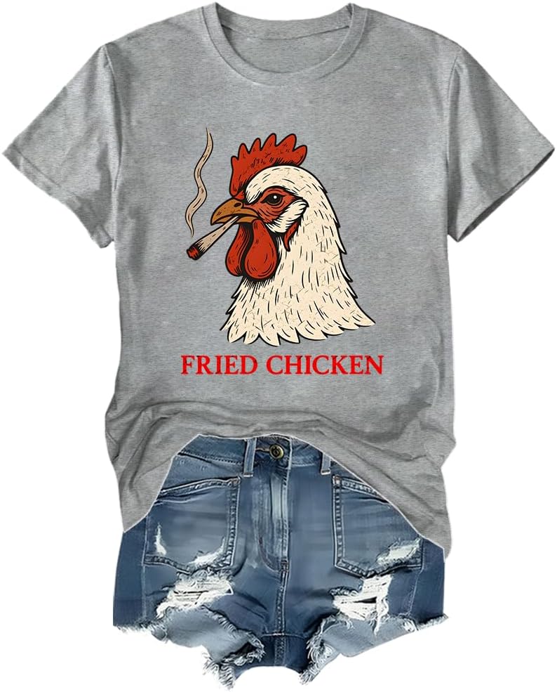 Fried Chicken Shirt Vintage Smoking Chicken Graphic Tee Women Men Tshirt - Crew Neck Crew-grey