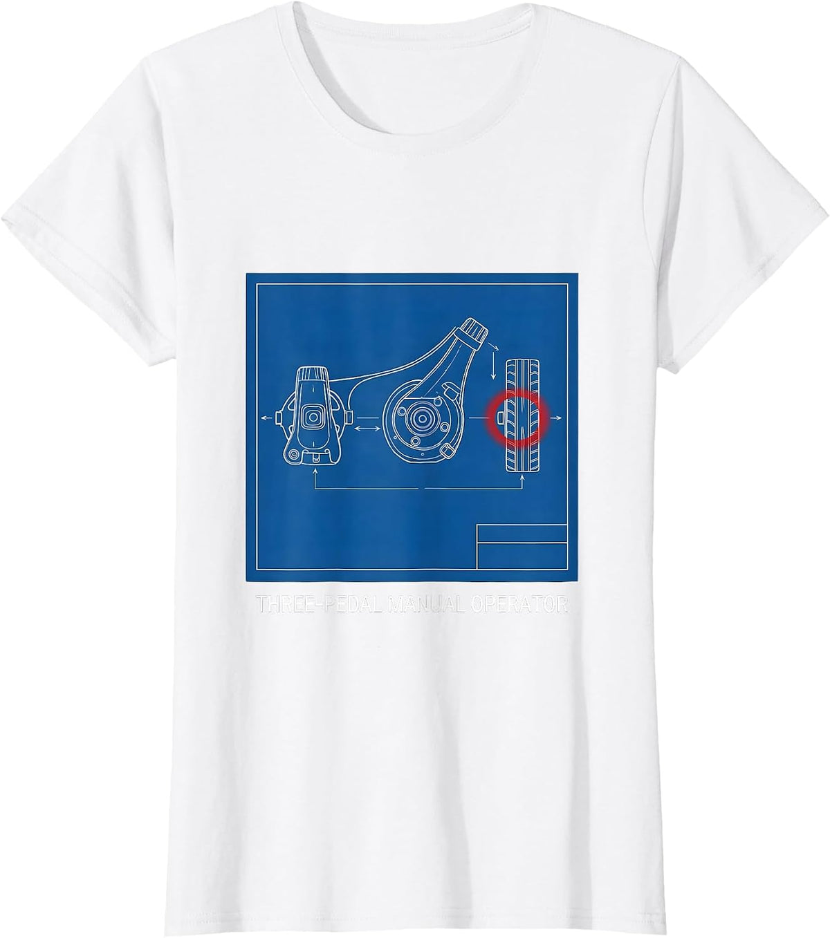 Women's Three-Pedal Manual Operator Technical Blueprint Car Guy T-Shirt - White