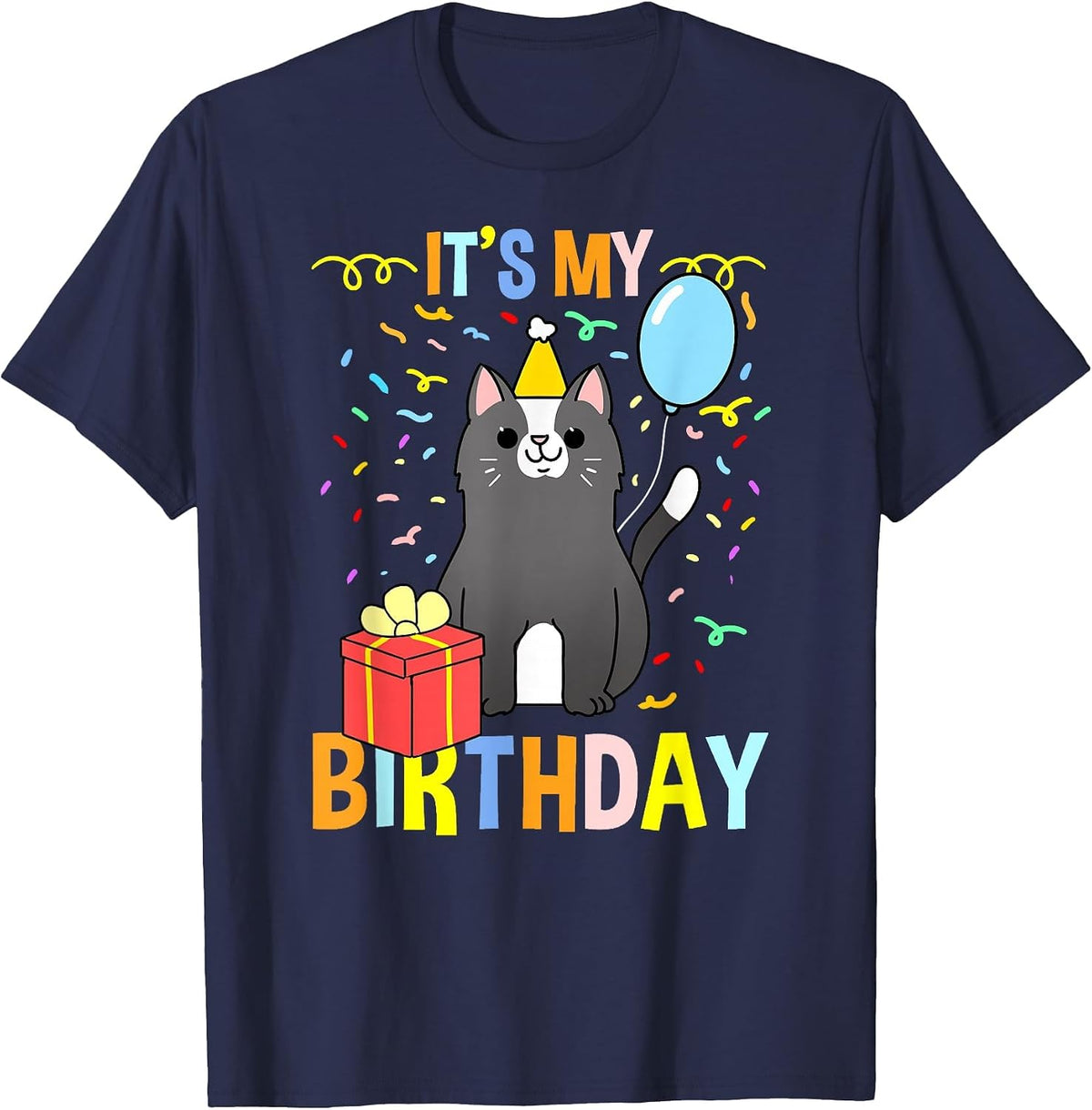 Its My Birthday Tuxedo Cat T-Shirt - Navy Blue