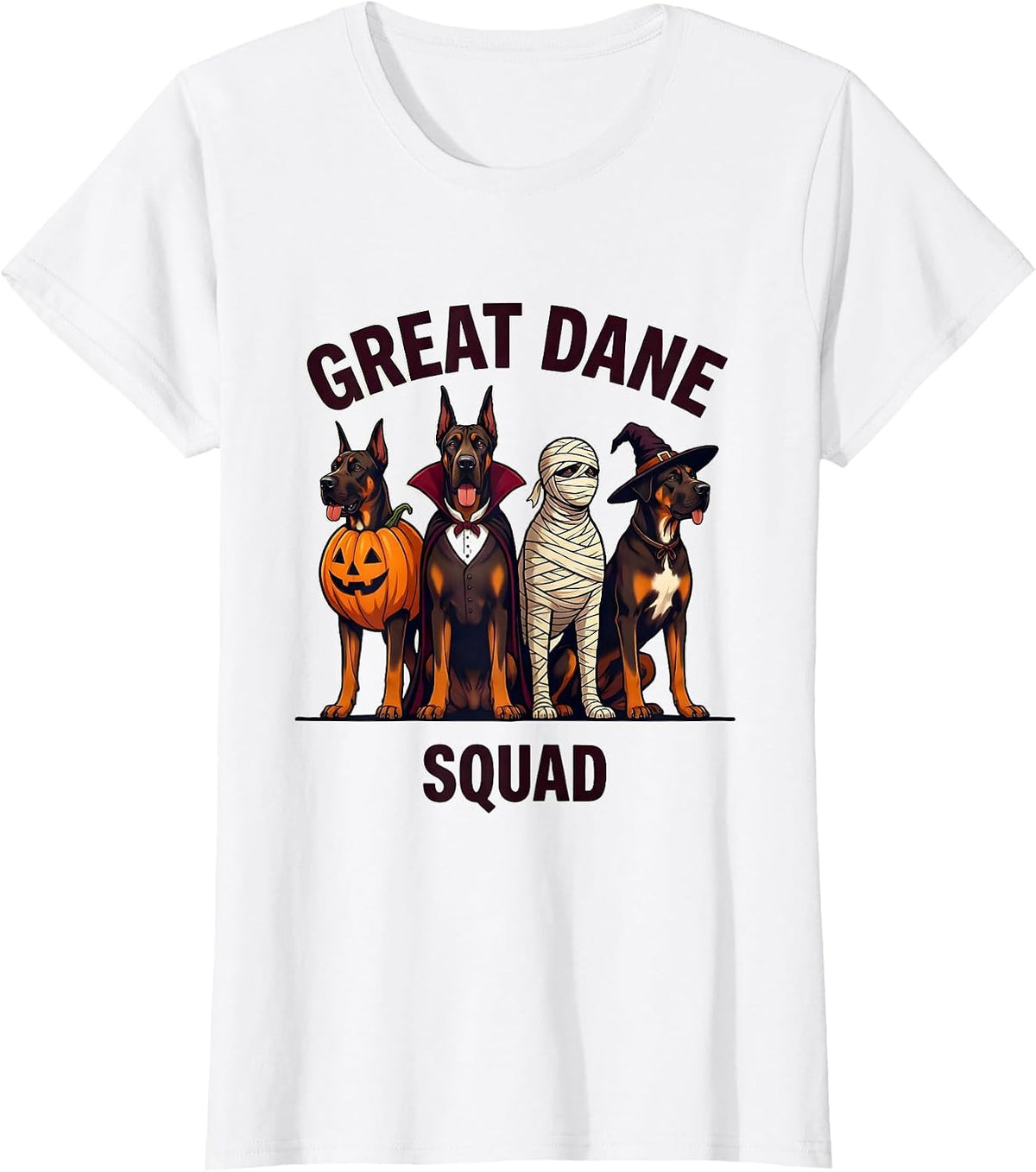 Great Dane Squad Halloween Pumpkin Vampire Mummy Witch Dog T-Shirt - White