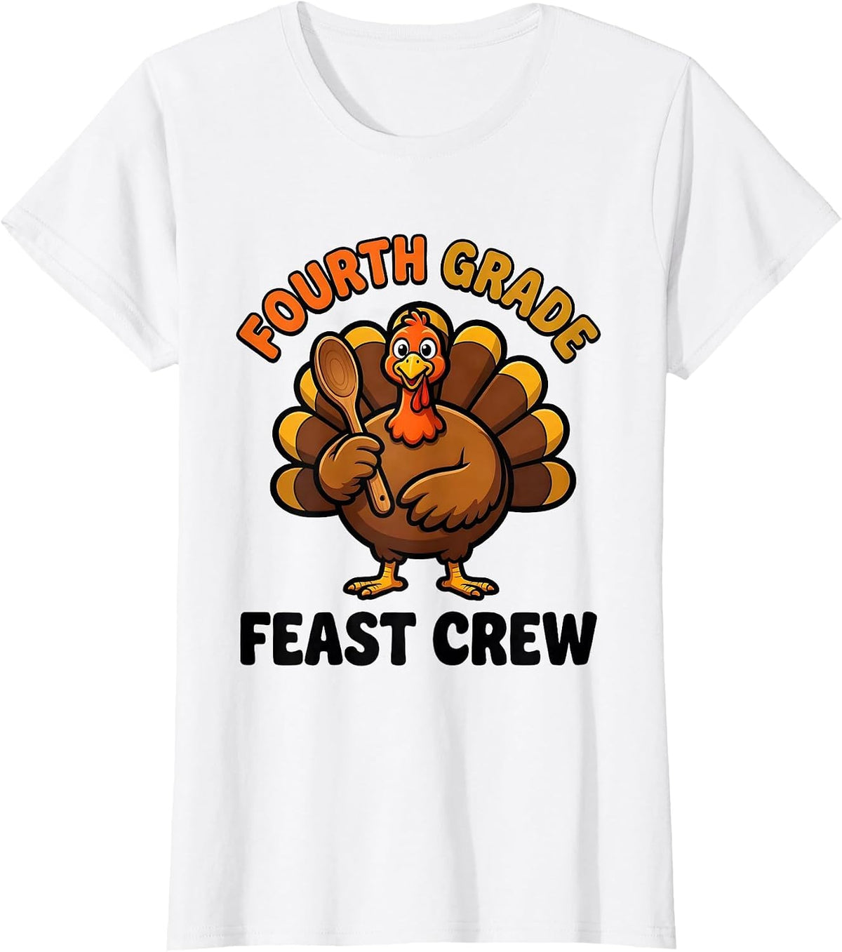 Women's Fourth Grade Feast Crew Cartoon Teacher Thanksgiving Crew T-Shirt - White