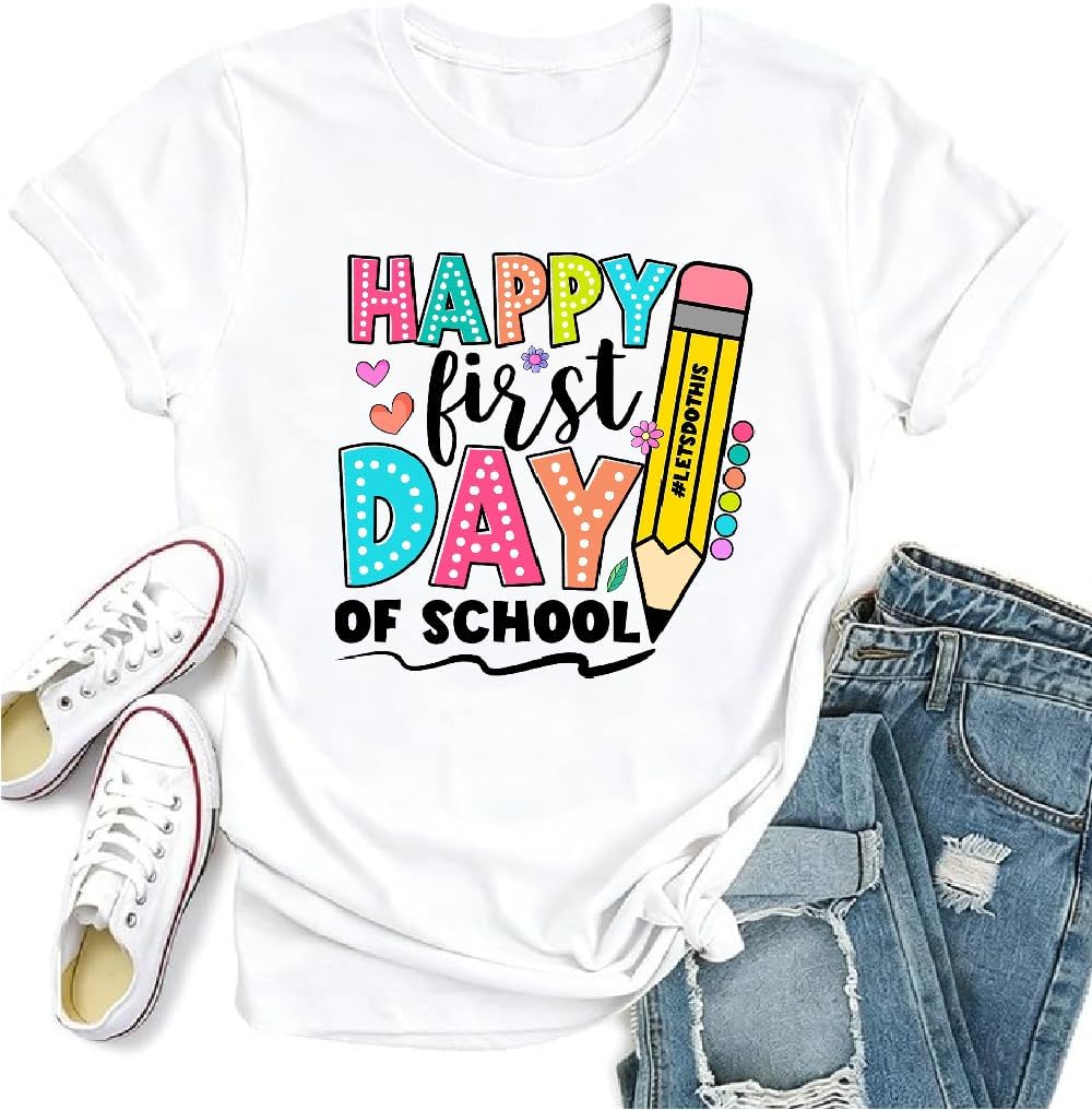 First Day of School Shirt Teacher Life Shirt Back to School Graphic Tshirt Casual Tee Tops - White