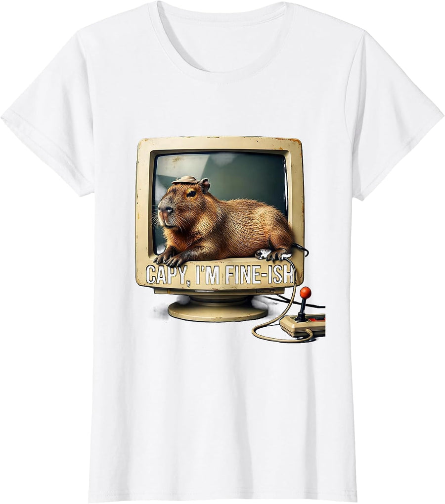 Women's Capy, I'm Fine-ish Vintage Capybara Gamer Meme Humor T-Shirt - White