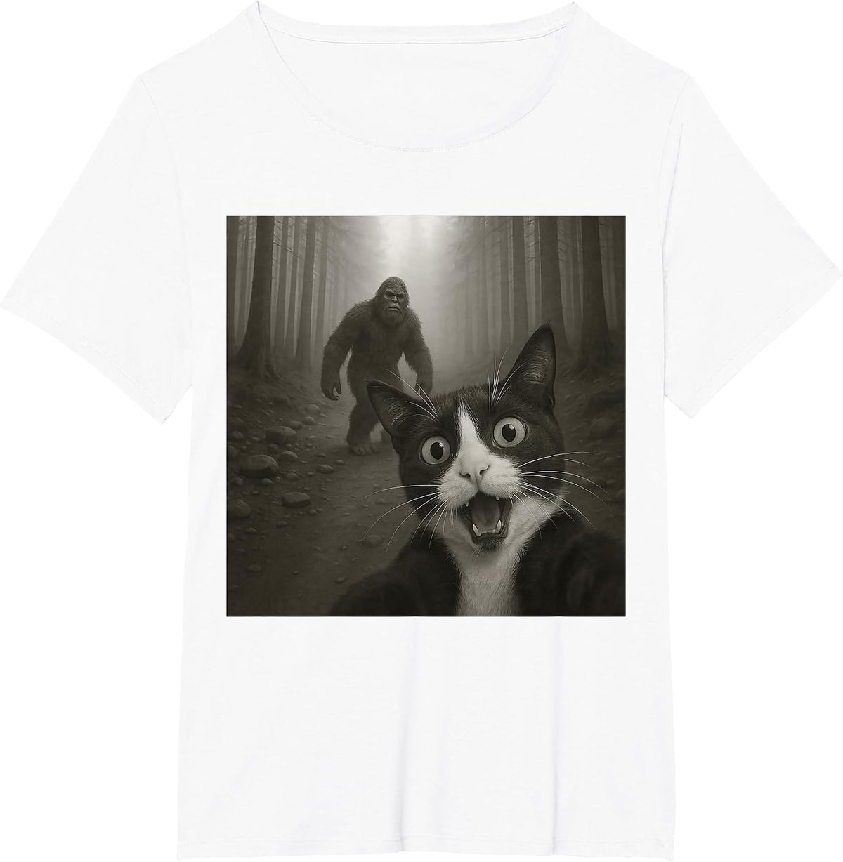 Funny Surprised Scared Tuxedo Cat Selfie with Bigfoot T-Shirt - White
