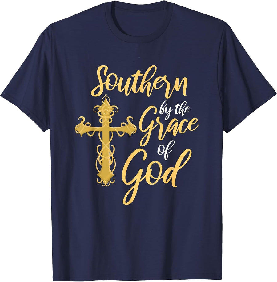 Southern By The Grace of God Cross Proud Southerner T-Shirt - Navy Blue