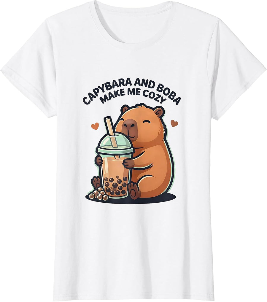 Women's Capybara And Boba Make Me Cozy Cute Kawaii Anime Animal T-Shirt - White