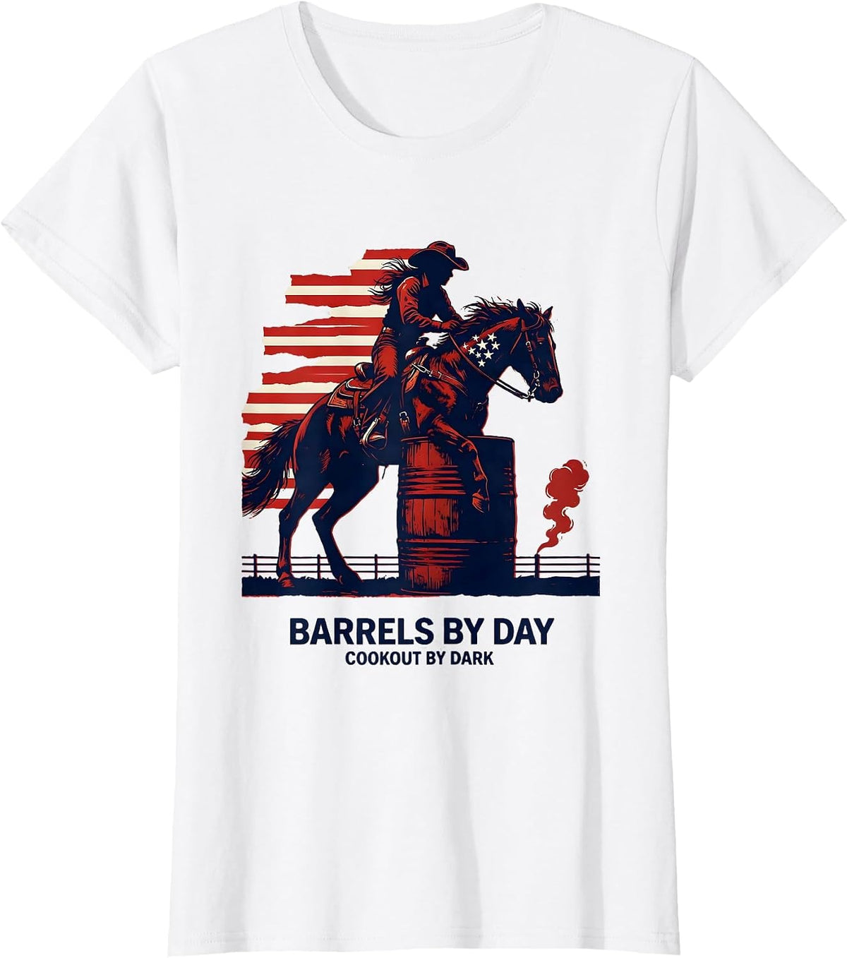 Women's Barrels By Day, Cookout By Dark Patriotic Horse 4th of July T-Shirt - White
