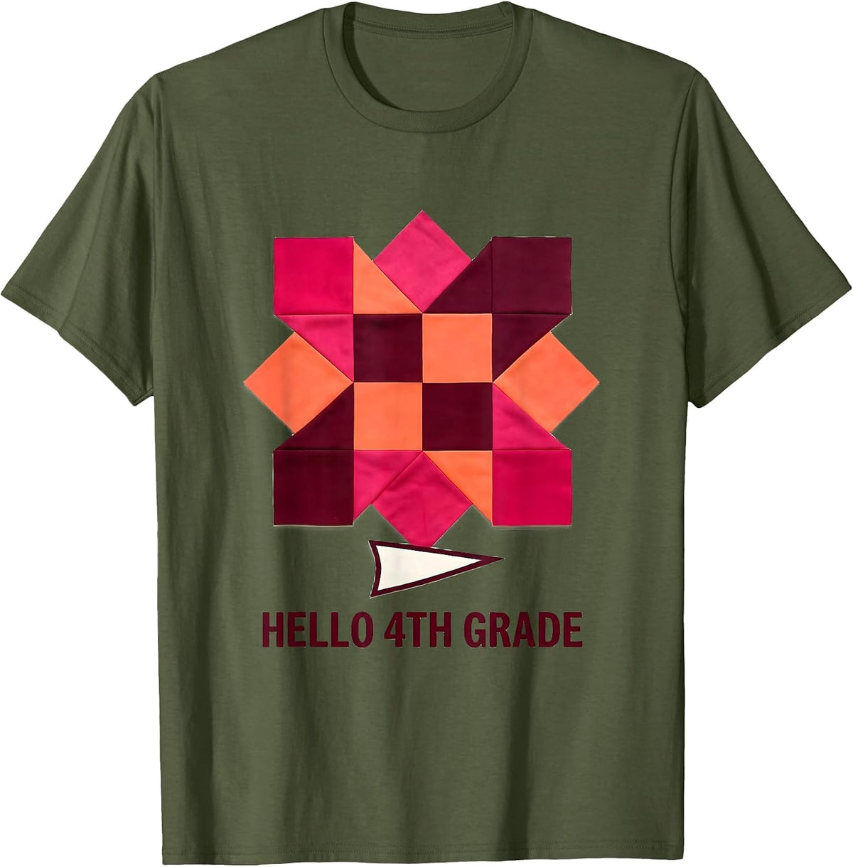 Men's Hello 4th Grade Quilt Patchwork Back To School Teacher Girl T-Shirt - Olive Green