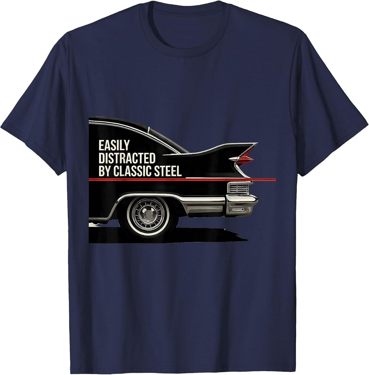 Men's Easily Distracted By Classic Steel Funny Classic Car Guy T-Shirt - Navy Blue