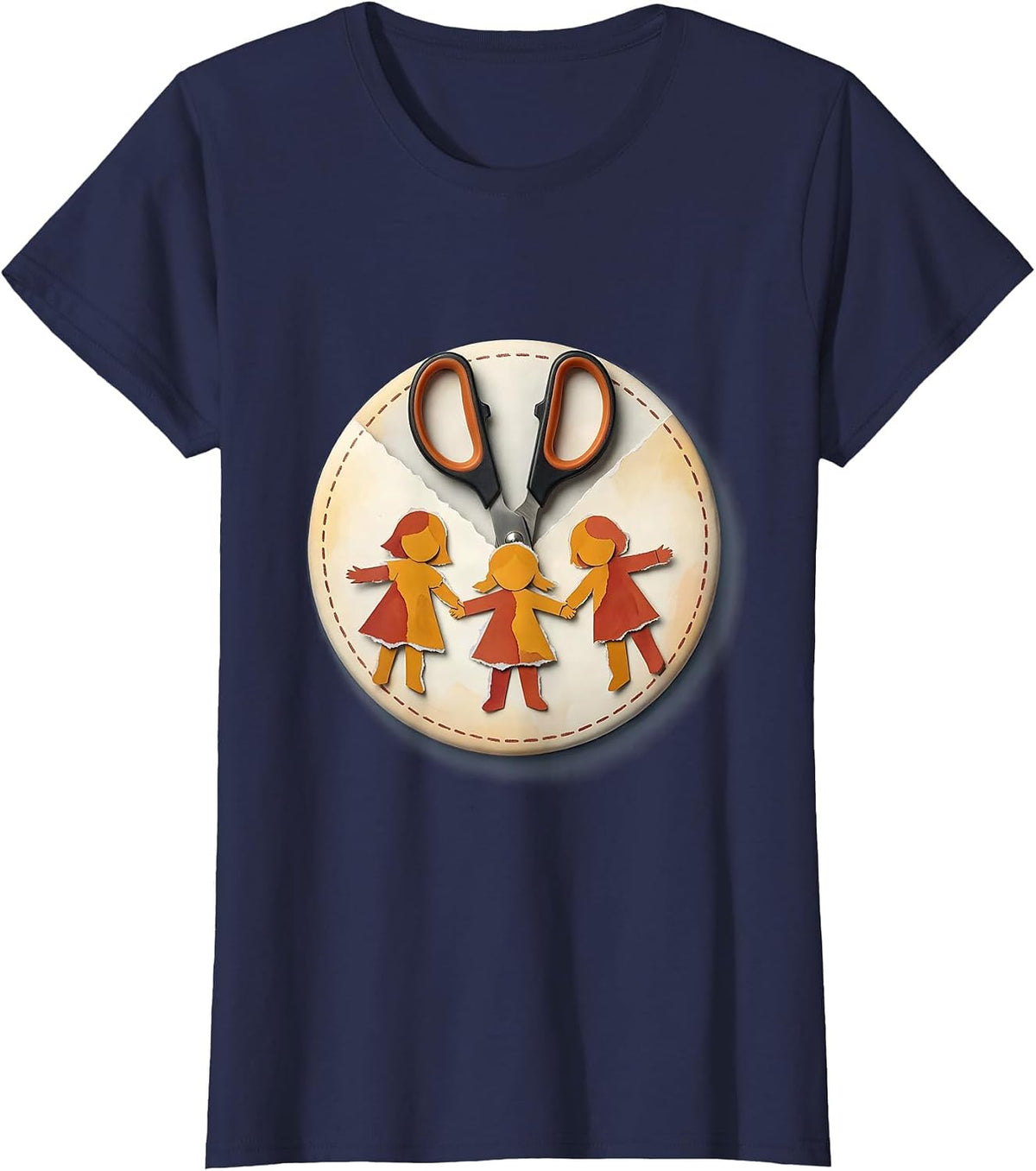 Women's Preschool Teacher Scissors Paper Chain Children Graphic T-Shirt - Navy Blue