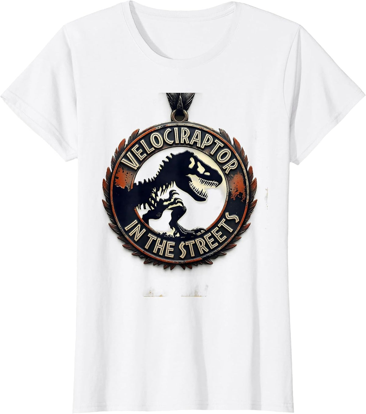 Women's Velociraptor In The Streets Dinosaur Design T-Shirt - White