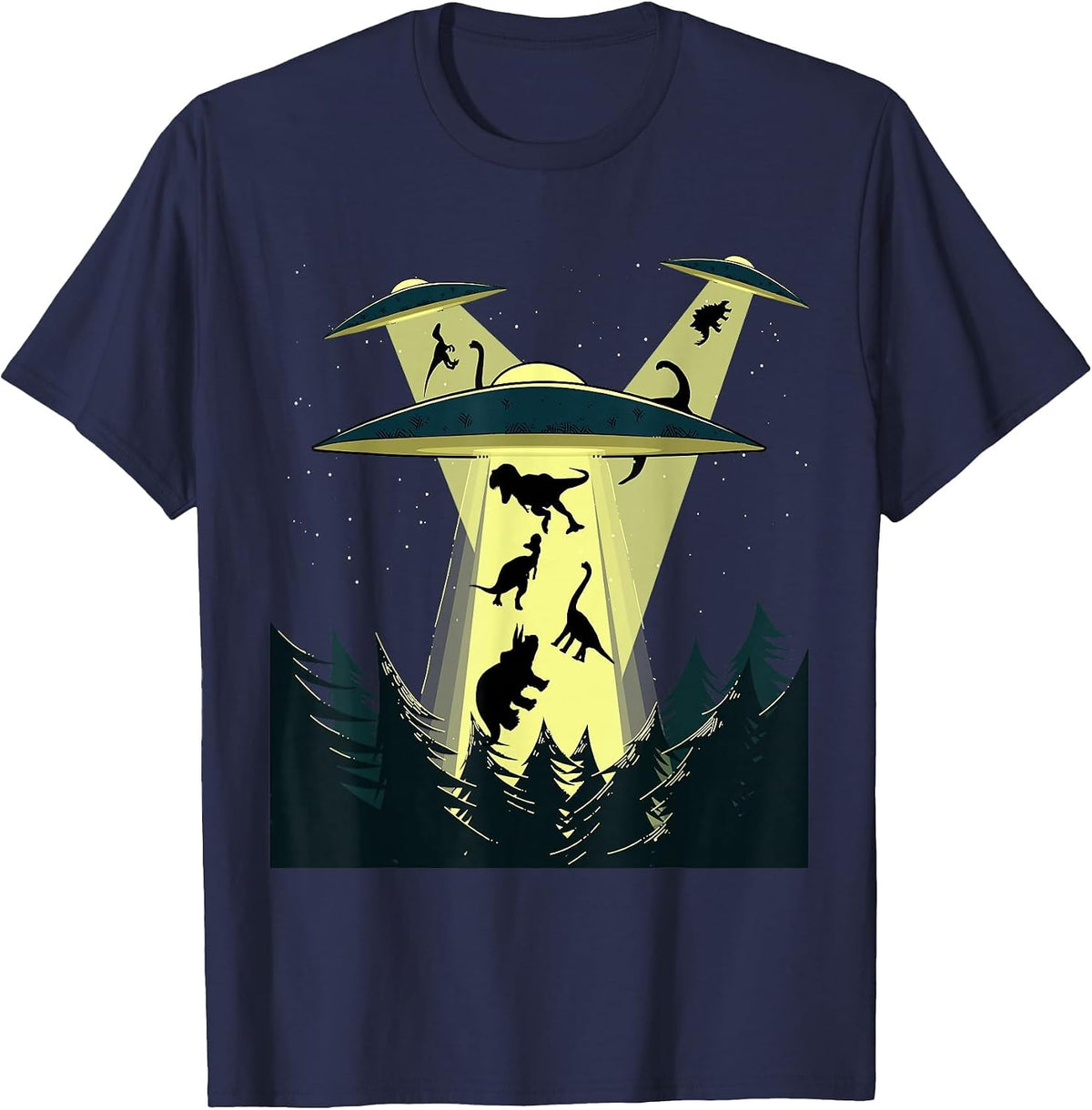 Alien Abduction Spaceship Dinosaurs Funny Vintage UFO Alien T-Shirt - Navy Blue