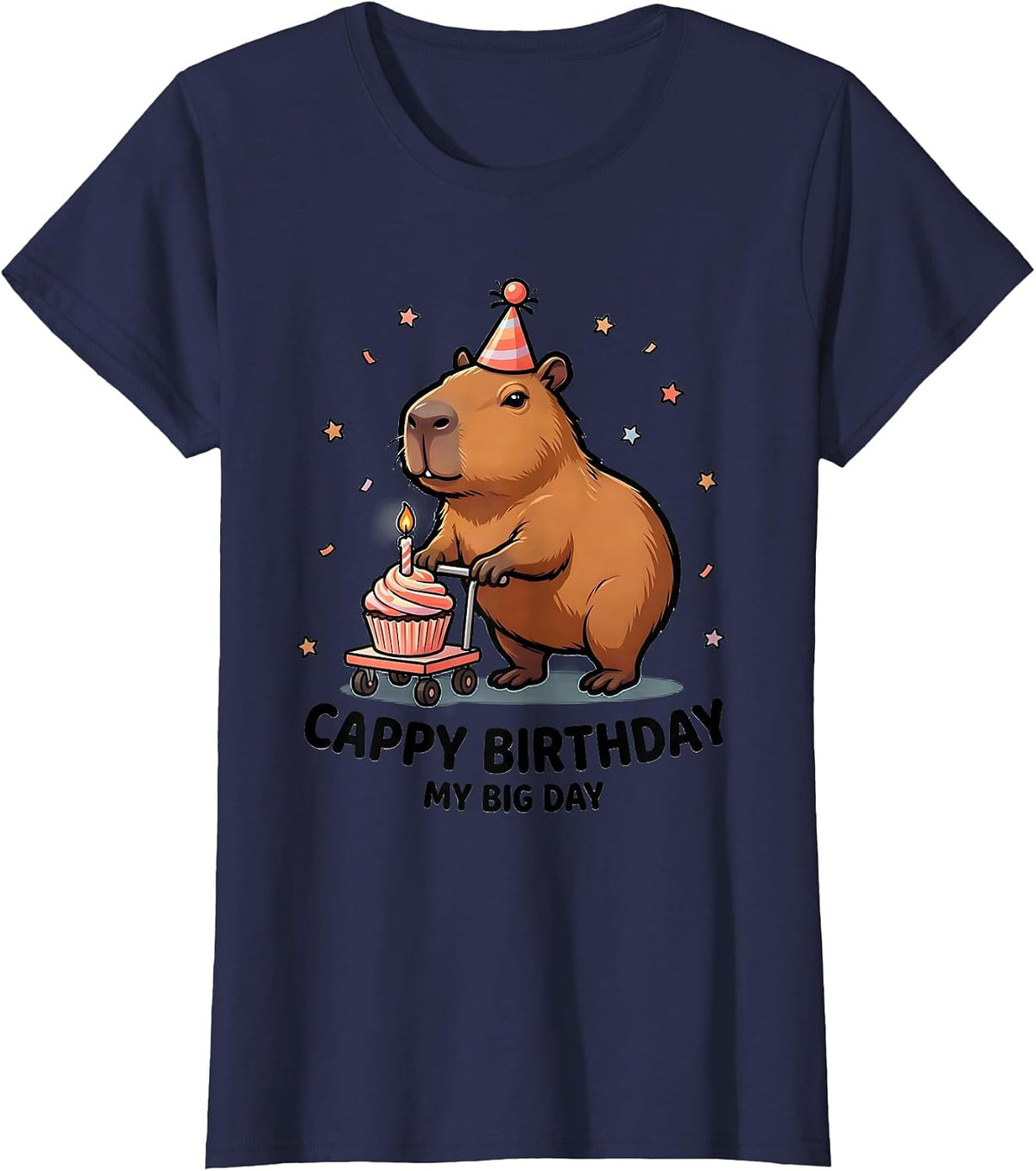 Women's Cappy Birthday My Big Day Cartoon Capybara Birthday Girl T-Shirt - Navy Blue