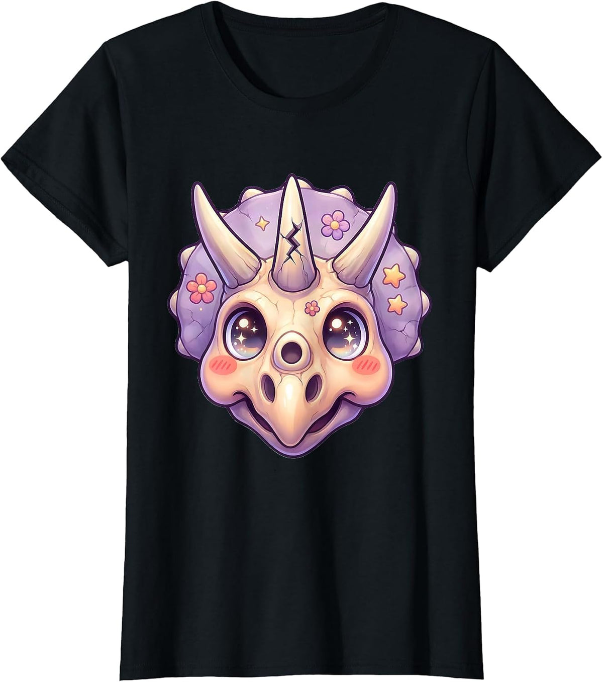 Women's Triceratops Skull Cracked Horn Dinosaur Illustration T-Shirt - Black