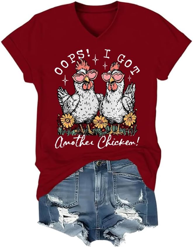 Oops I Got Another Chicken Shirt Funny Farm Animal Tshirt Unisex Cute Floral Hen T-Shirt - V-Neck Claret-1