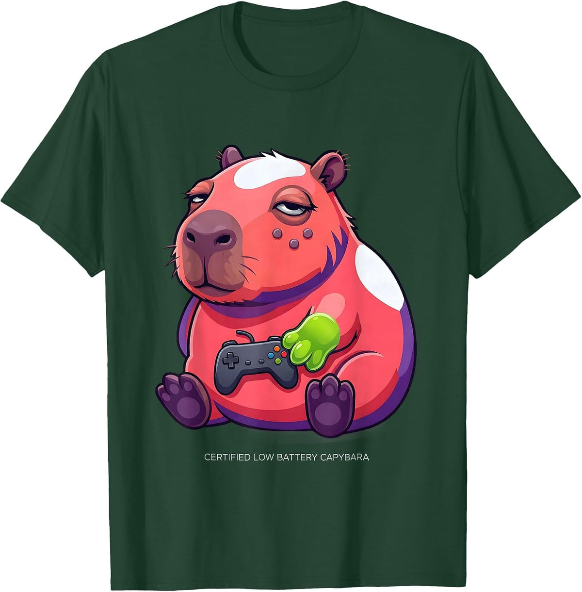 Men's Certified Low Battery Capybara Funny Gamer Meme Humor T-Shirt - Dark Green