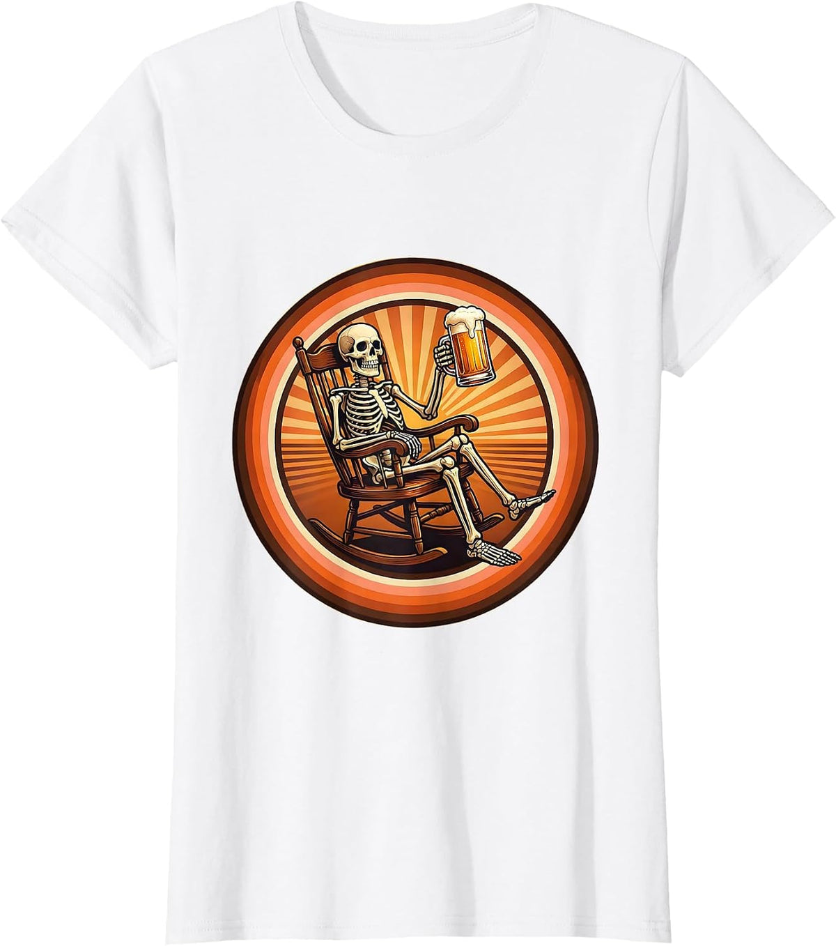 Skeleton Rocking Chair Beer Drinking Illustration T-Shirt - White