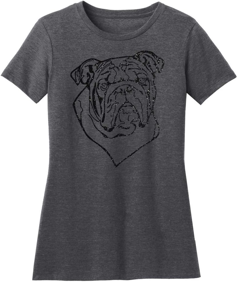 Dogline Womens English Bulldog Lover Glitter Graphic Tee Shirt - Heather Charcoal
