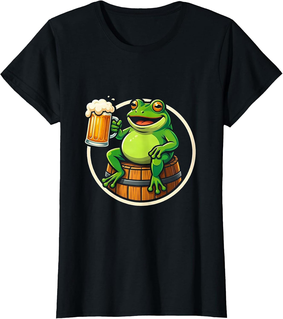 Women's Frog on a Barrel Beer Drinking Illustration T-Shirt - Black