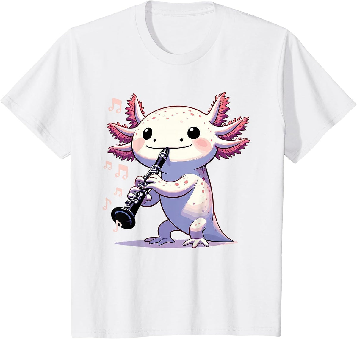 Cute Pink Kawaii Axolotl Playing Clarinet T-Shirt - White