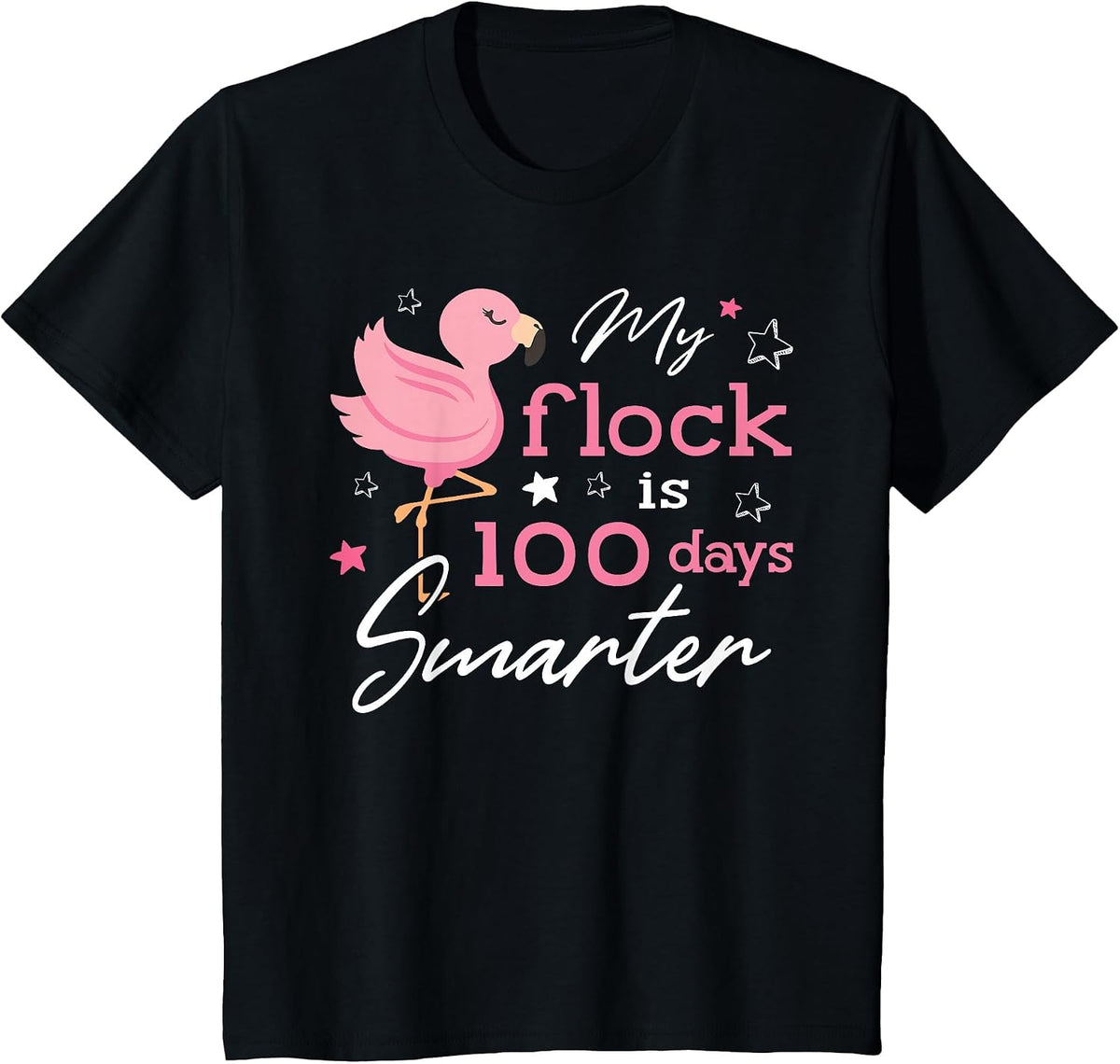 My Flock is 100 Days Smarter Flamingo 100th Day of School T-Shirt - Black