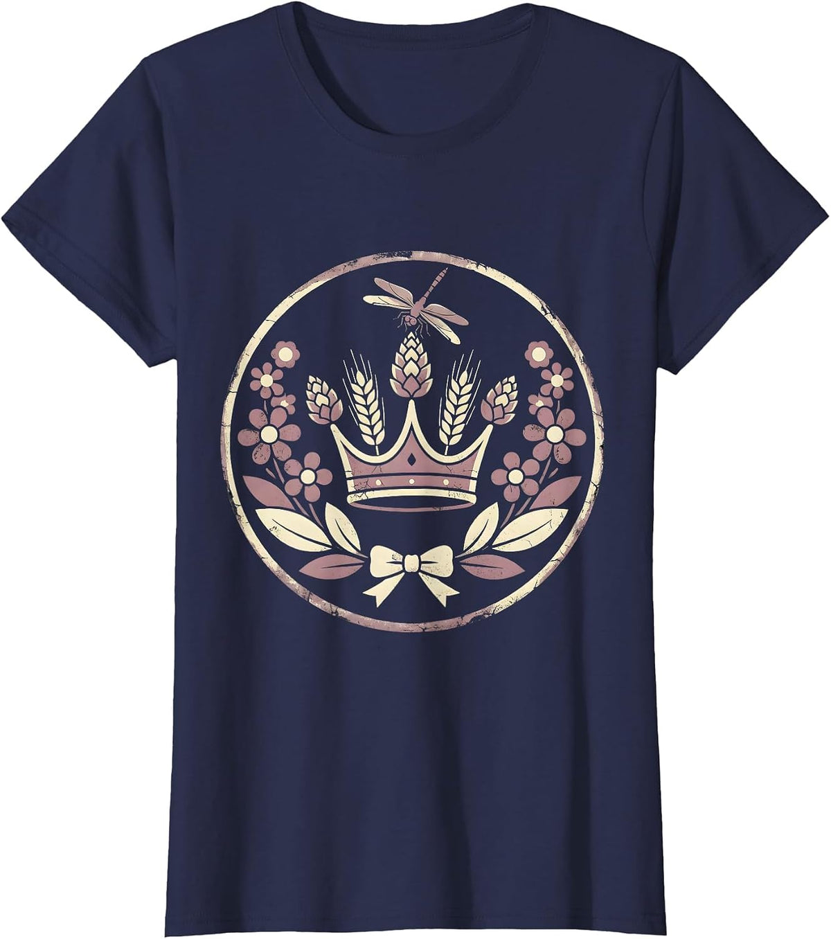 Women's Beer Crown Hops and Barley Royalty Design T-Shirt - Navy Blue