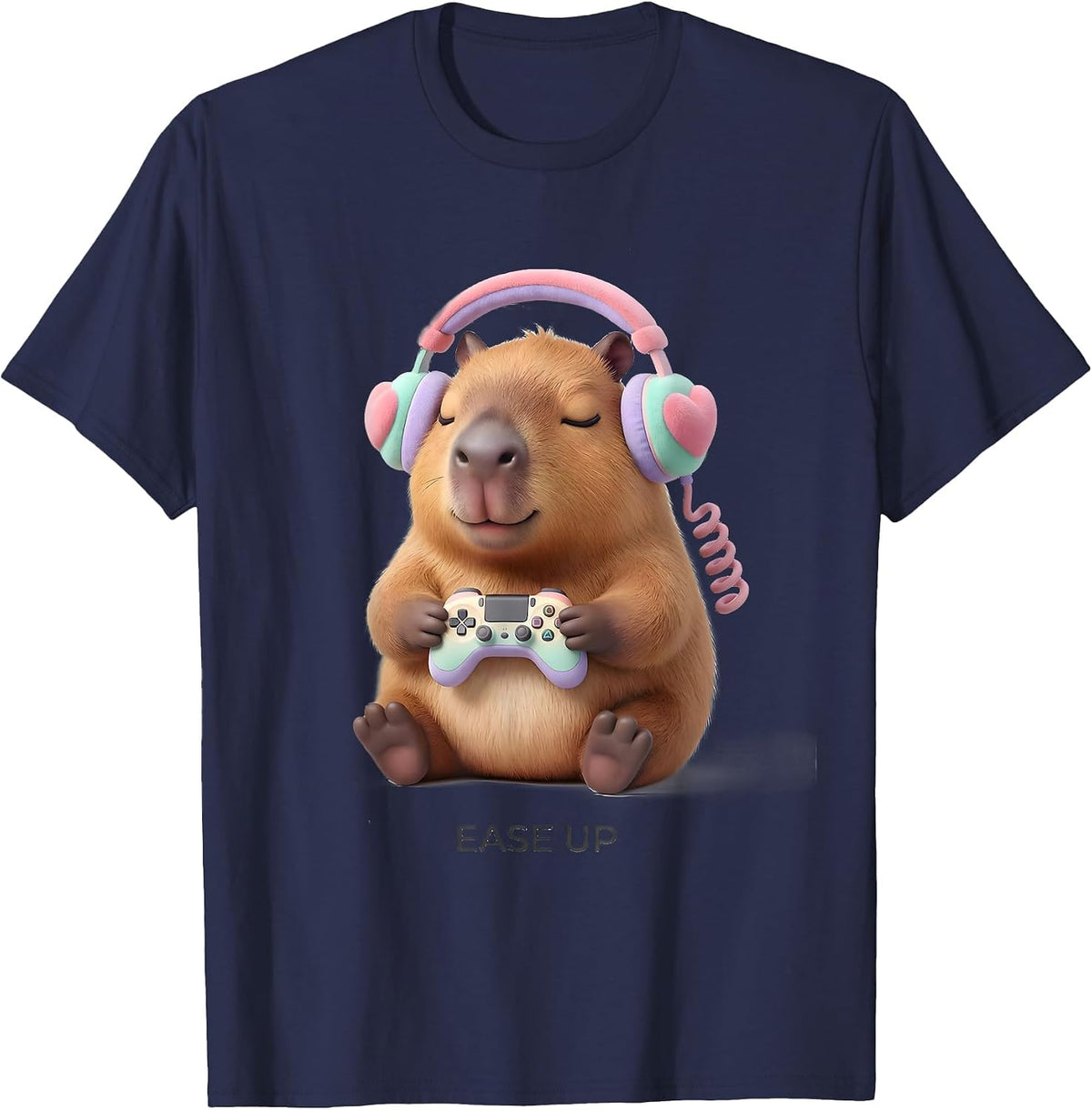 Men's Ease Up Cute Kawaii Capybara Gamer Meme Humor T-Shirt - Navy Blue