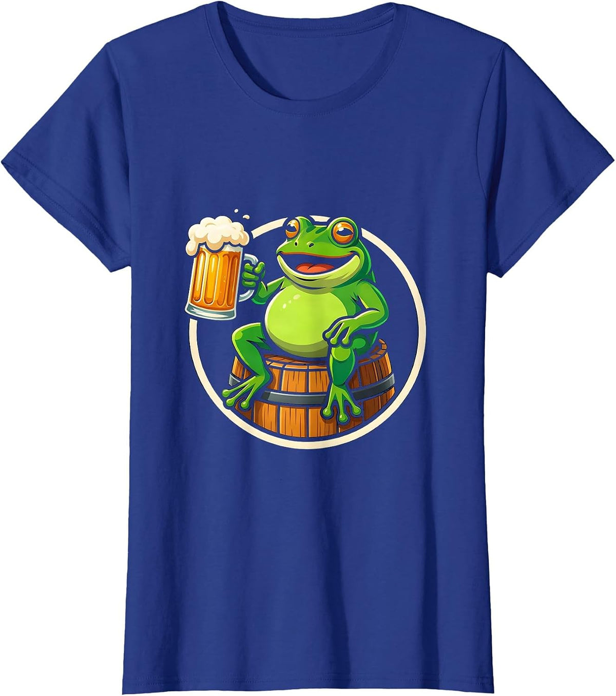 Women's Frog on a Barrel Beer Drinking Illustration T-Shirt - Royal Blue