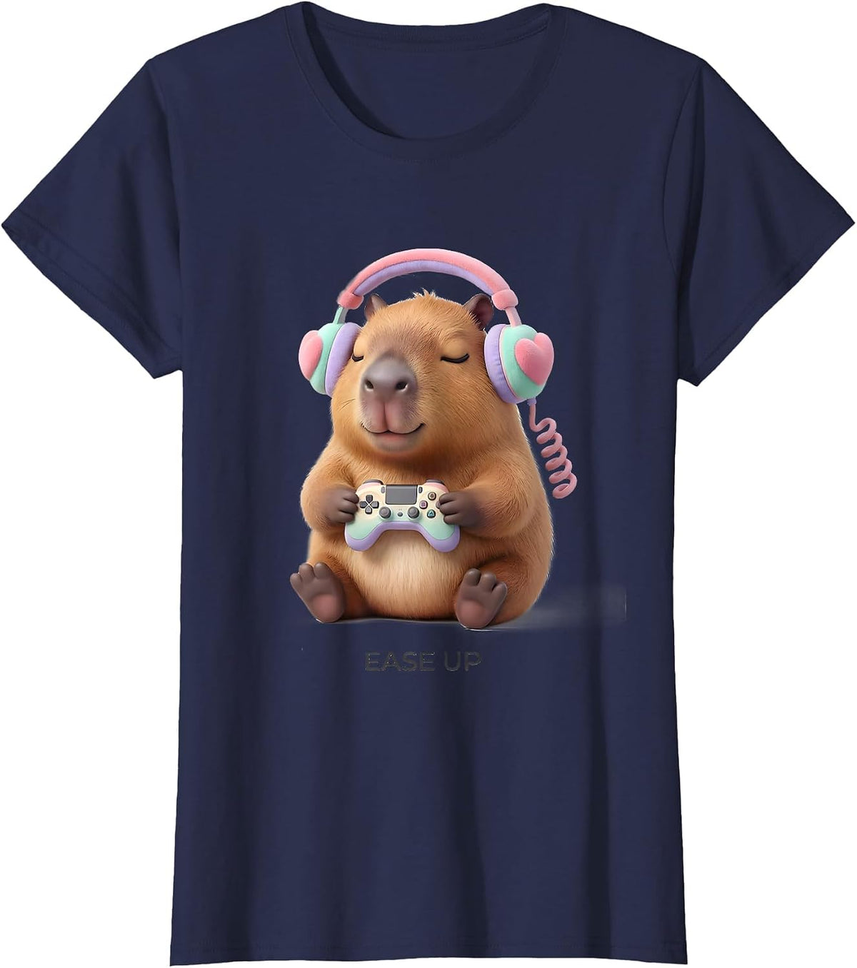 Women's Ease Up Cute Kawaii Capybara Gamer Meme Humor T-Shirt - Navy Blue
