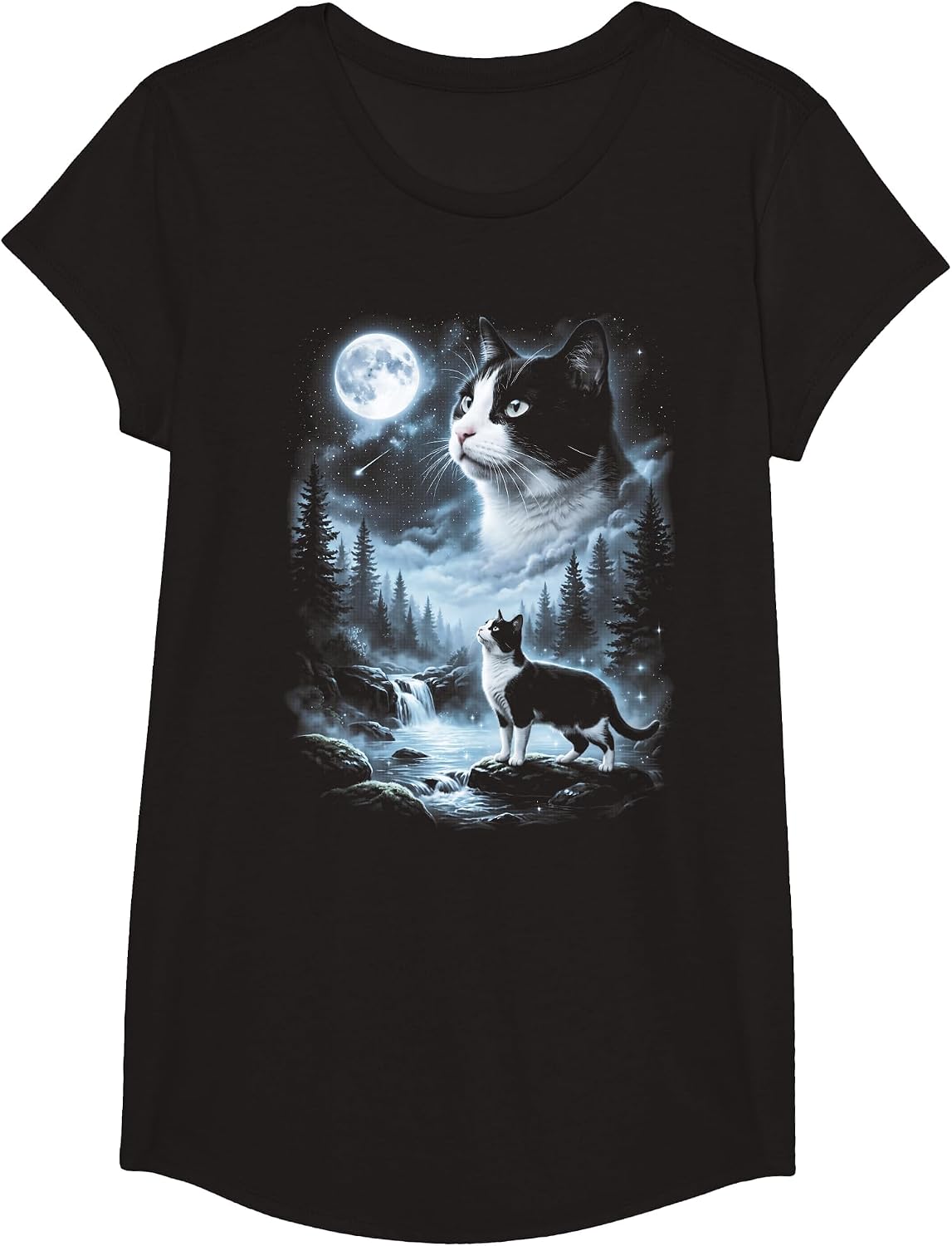 Tuxedo Cat Howling at Moon 90's Retro T-Shirt - Girls Black