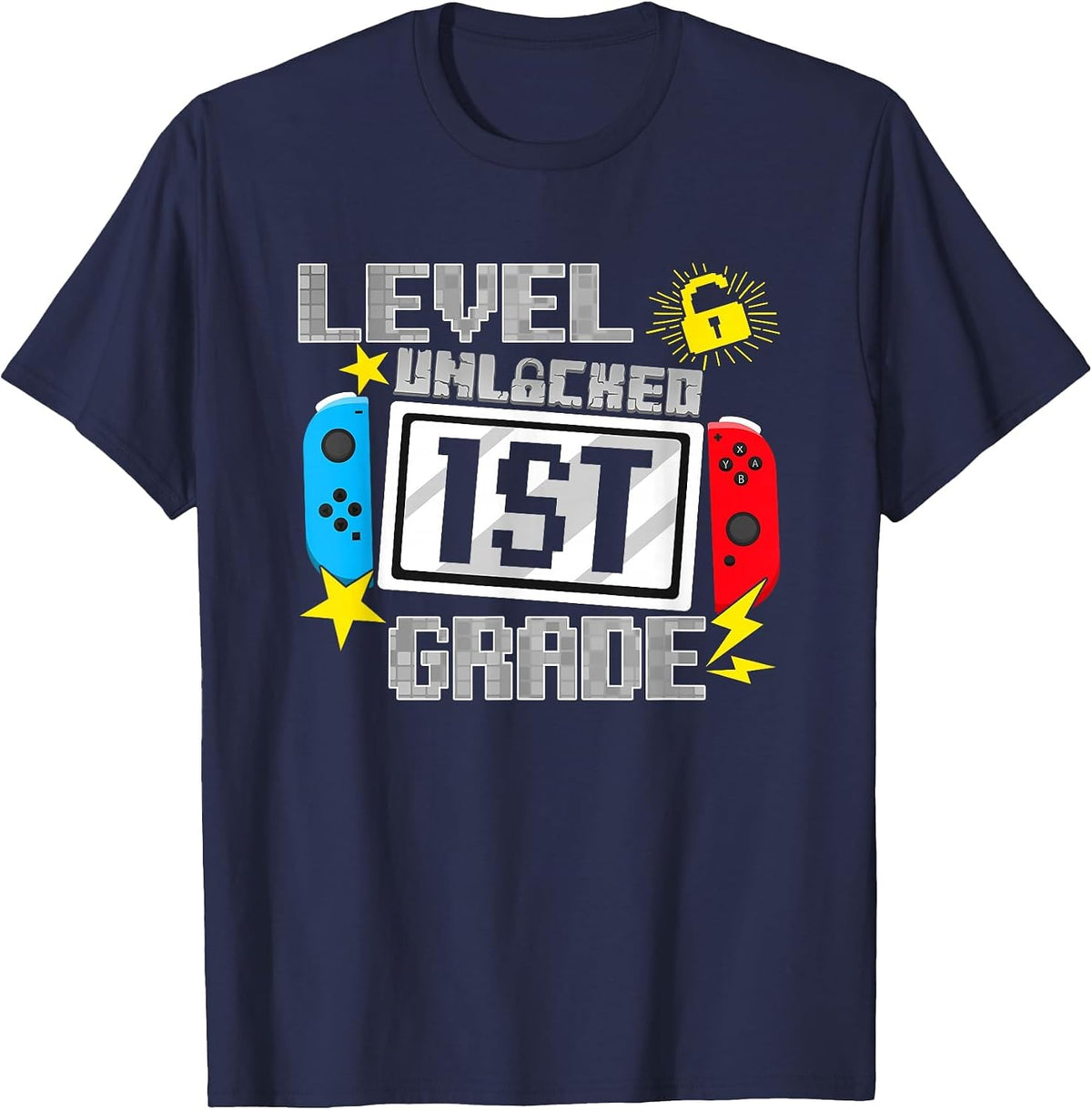 First Day of 1st Grade Level Unlocked Game Back to School T-Shirt - Navy Blue