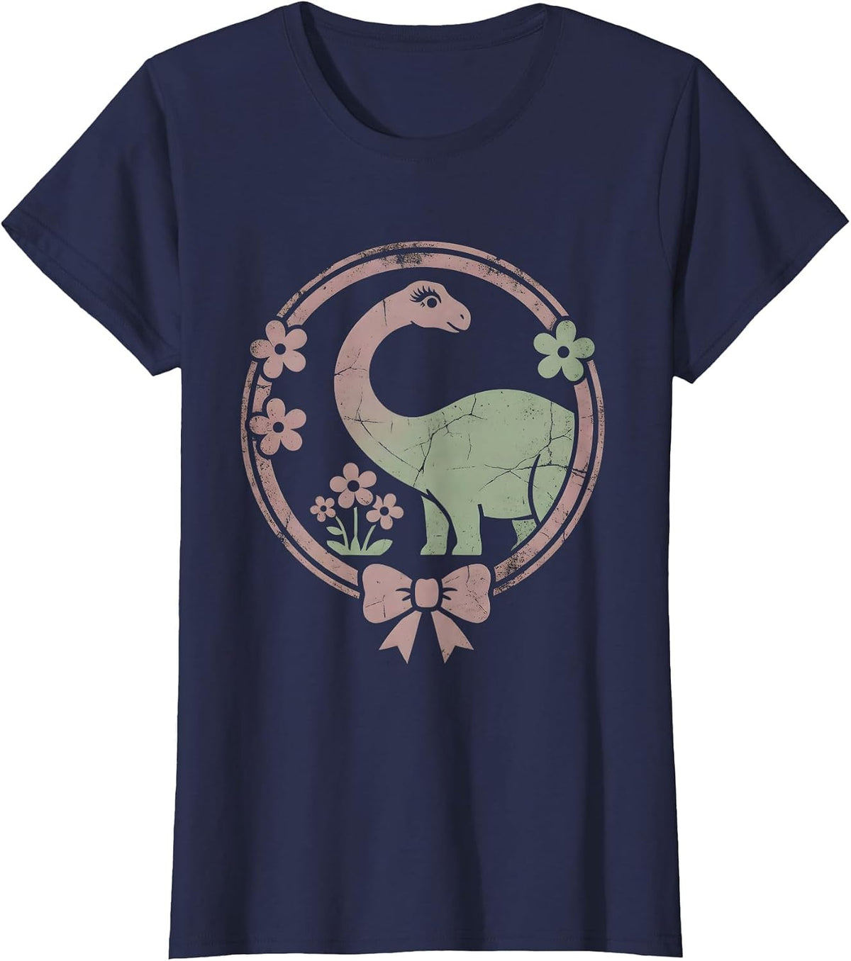 Women's Brachiosaurus Floral Dinosaur Illustration T-Shirt - Navy Blue