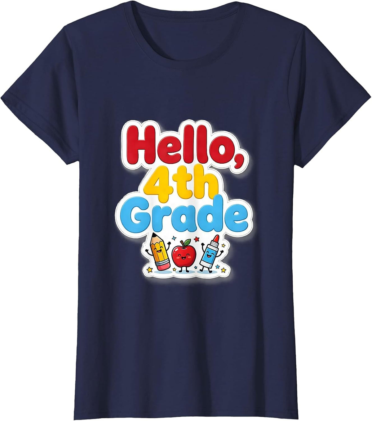 Women's Hello, 4th Grade Cute School Supplies Back To School Teacher T-Shirt - Navy Blue