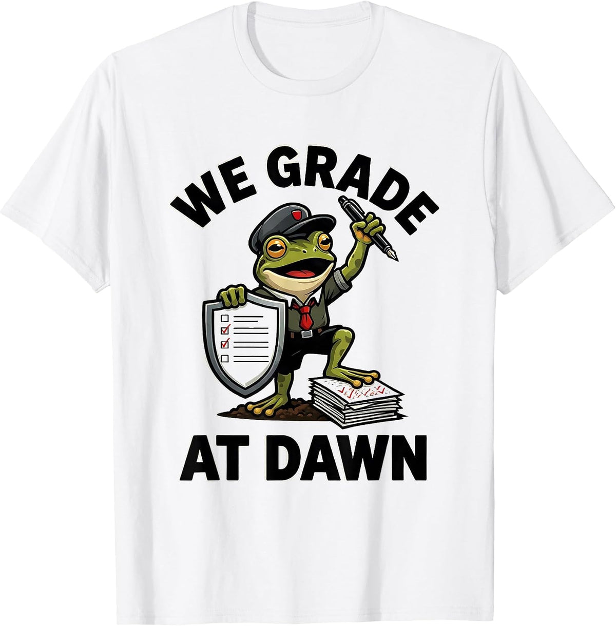 Men's We Grade At Dawn Funny Frog Teacher English Reader Back T-Shirt - White
